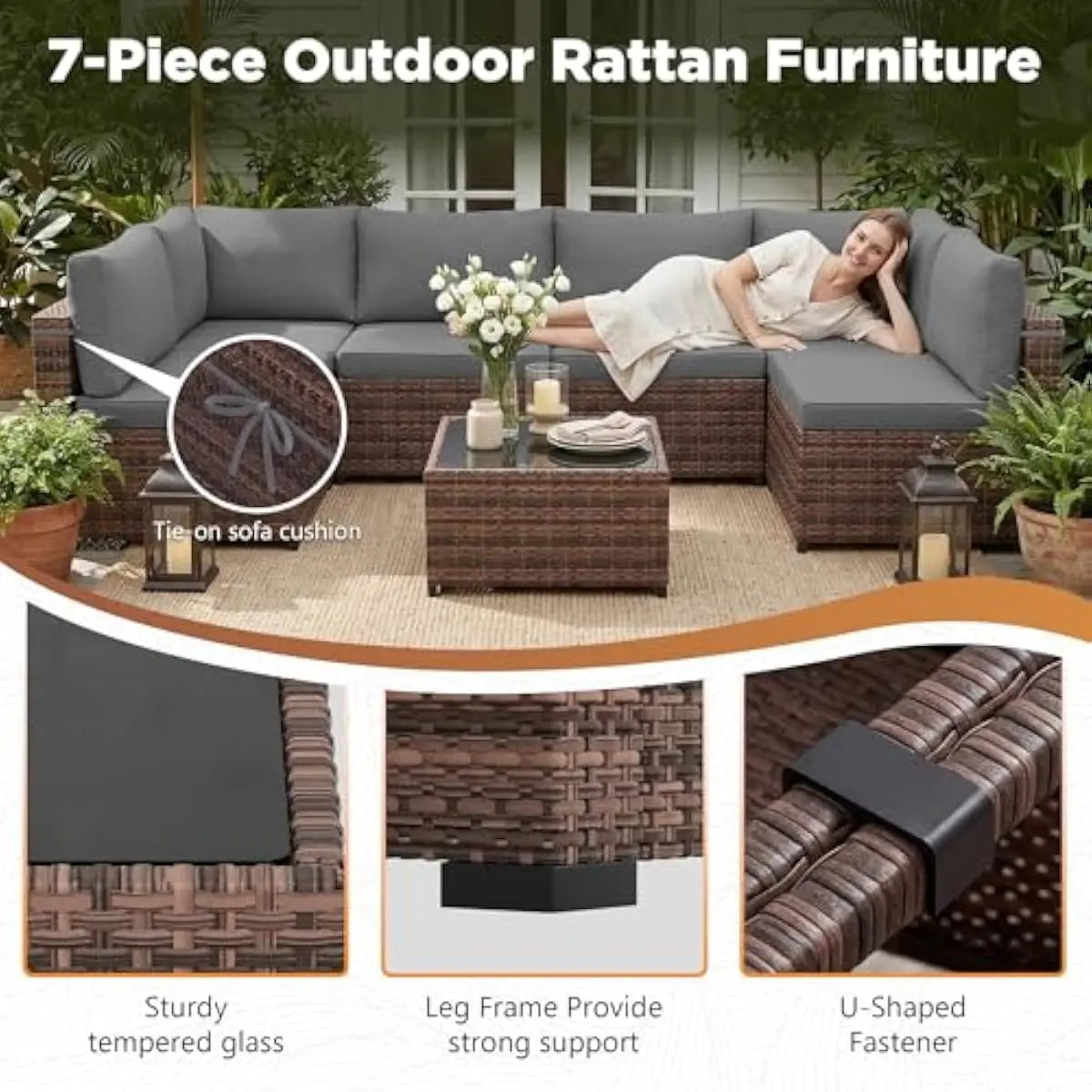 Modern Outdoor PE Rattan Sectional Set Glass Table Removable Cushions