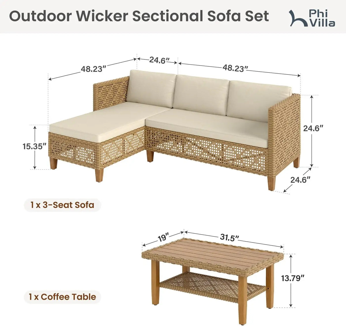 Outdoor Rattan Sectional Patio Sofa Set With Wood Frame
