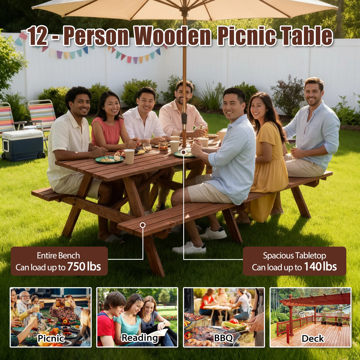 Premium Solid Hardwood Outdoor Picnic Table With Built In Benches