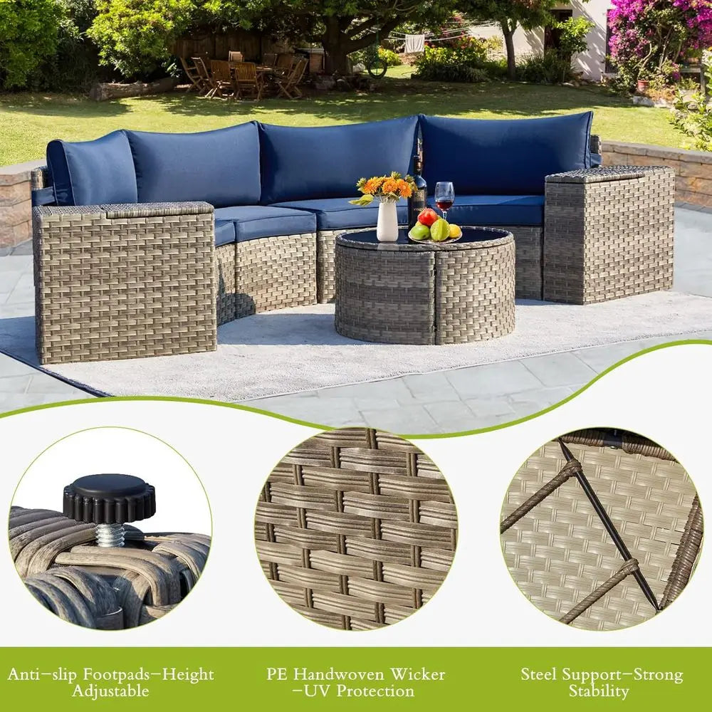 Outdoor Wicker Patio Sectional Set With Storage Armrest And Table