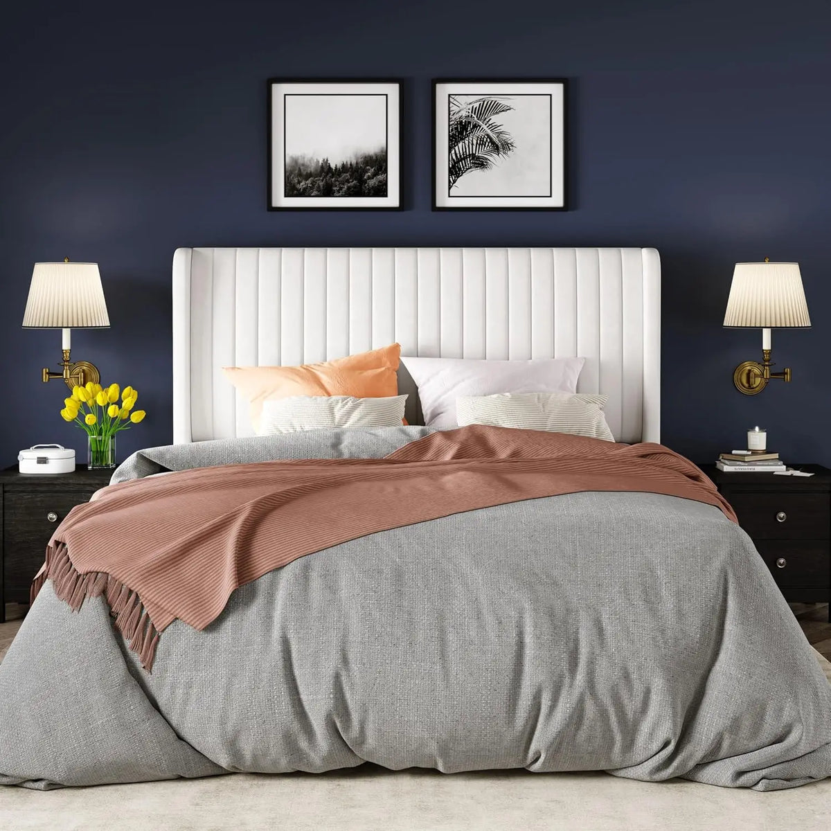Novilla Upholstered Wingback Platform Bed Velvet Channel Tufted Headboard
