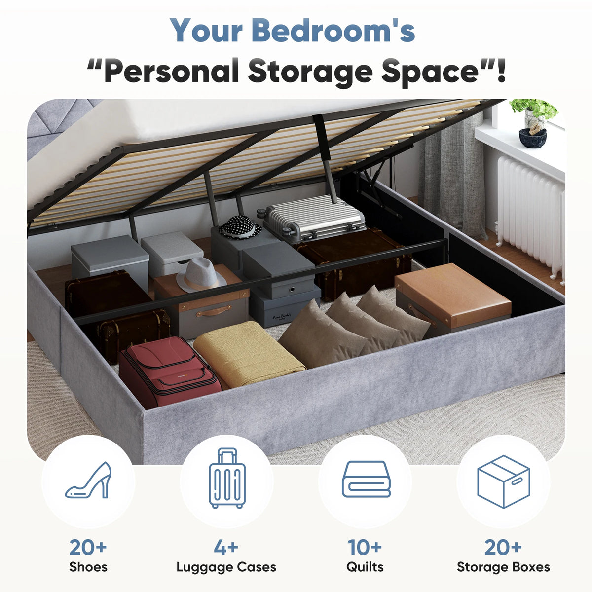JHK Modern Hydraulic Storage Bed Frame With Wingback Headboard