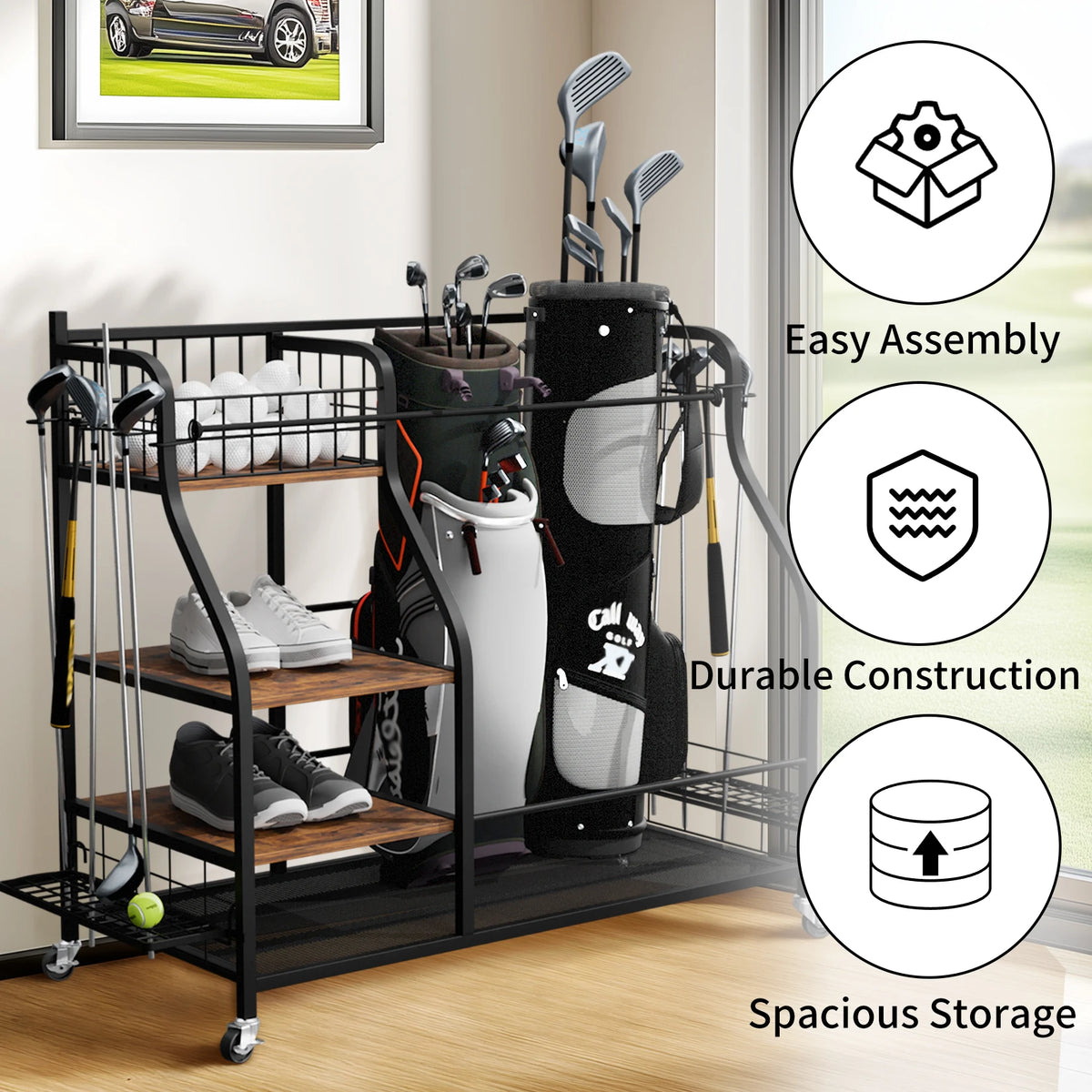 Multifunctional Rolling Metal Sports Equipment Storage Rack With Wheels