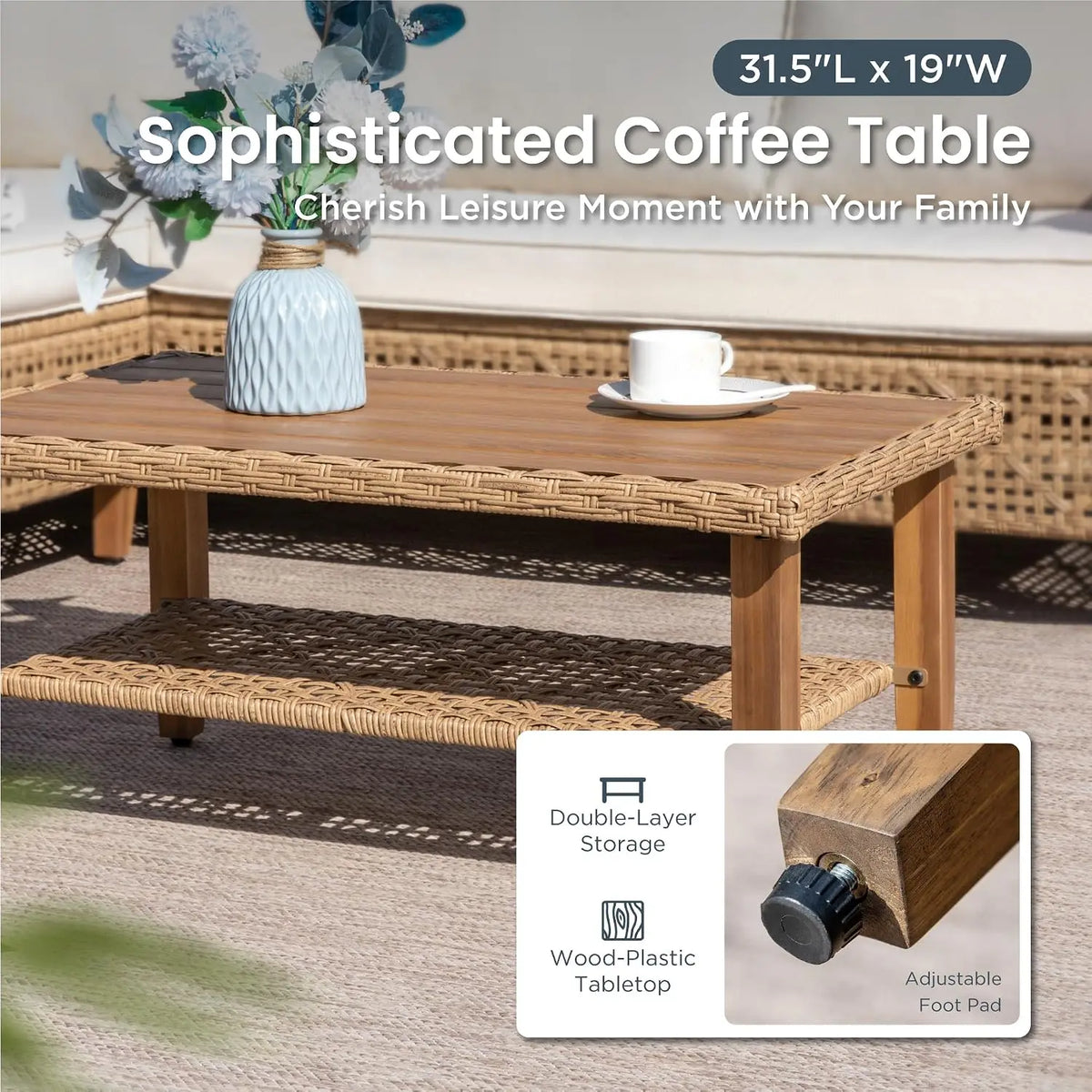 Outdoor Rattan Sectional Patio Sofa Set With Wood Frame