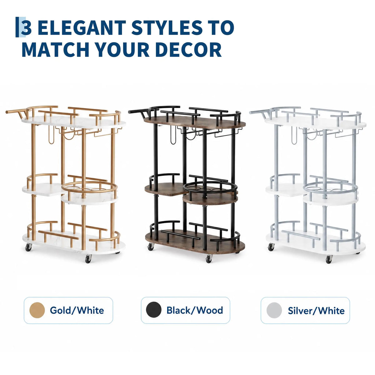 HiMISS 3 Tier Metal Rolling Bar Cart With Wine Rack Holder