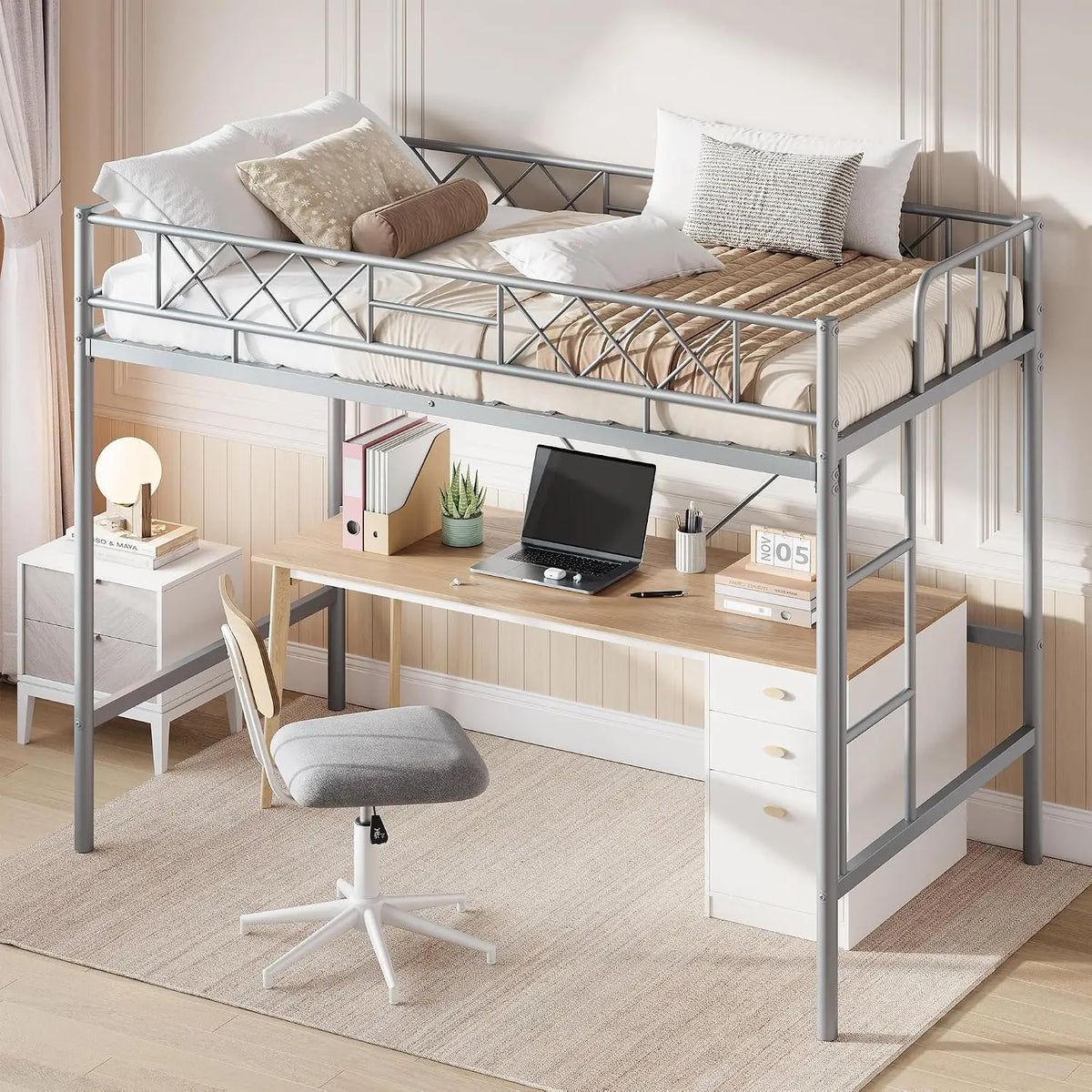 HiMISS Metal Loft Bed Frame With Arched Guardrail Steel Slats