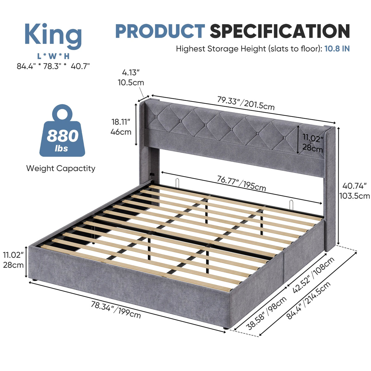 JHK Modern Hydraulic Storage Bed Frame With Wingback Headboard