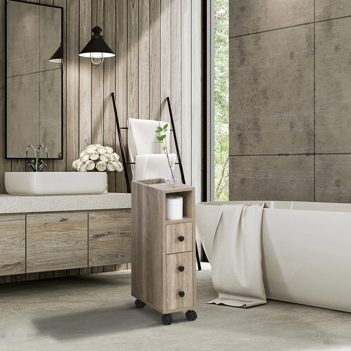Kleankin Freestanding Mobile Bathroom Cabinet With Drawers And Doors