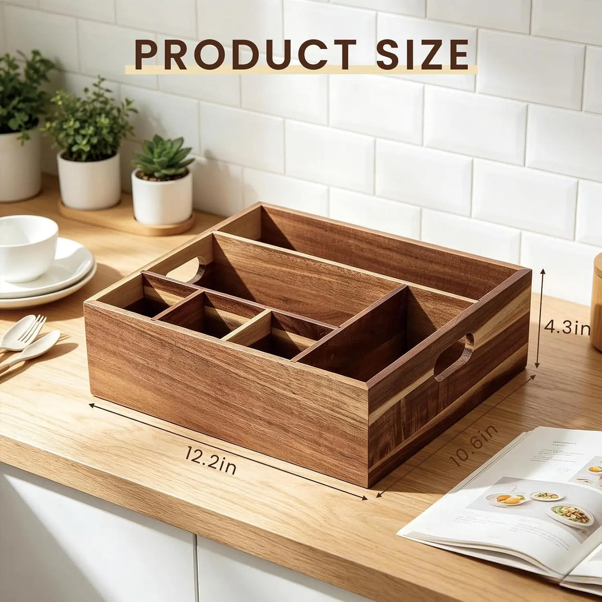 Garvee Multi Compartment Wooden Utensil Holder Caddy With Handles