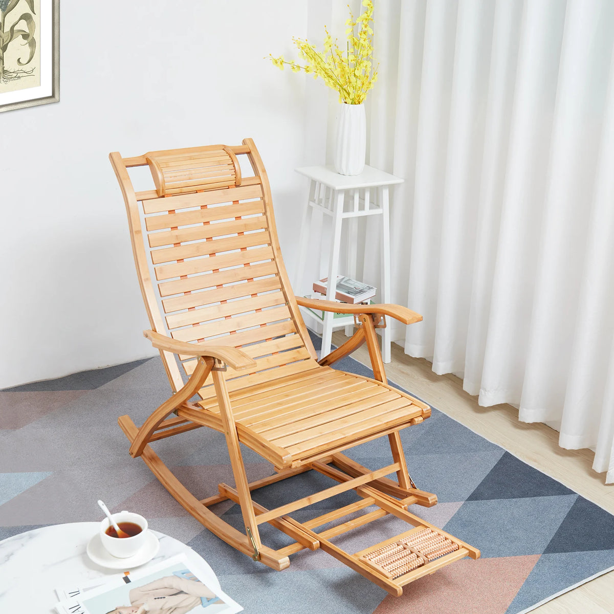 Bamboo Folding Rocking Chair Adjustable Sun Lounger for Indoor Outdoor Living