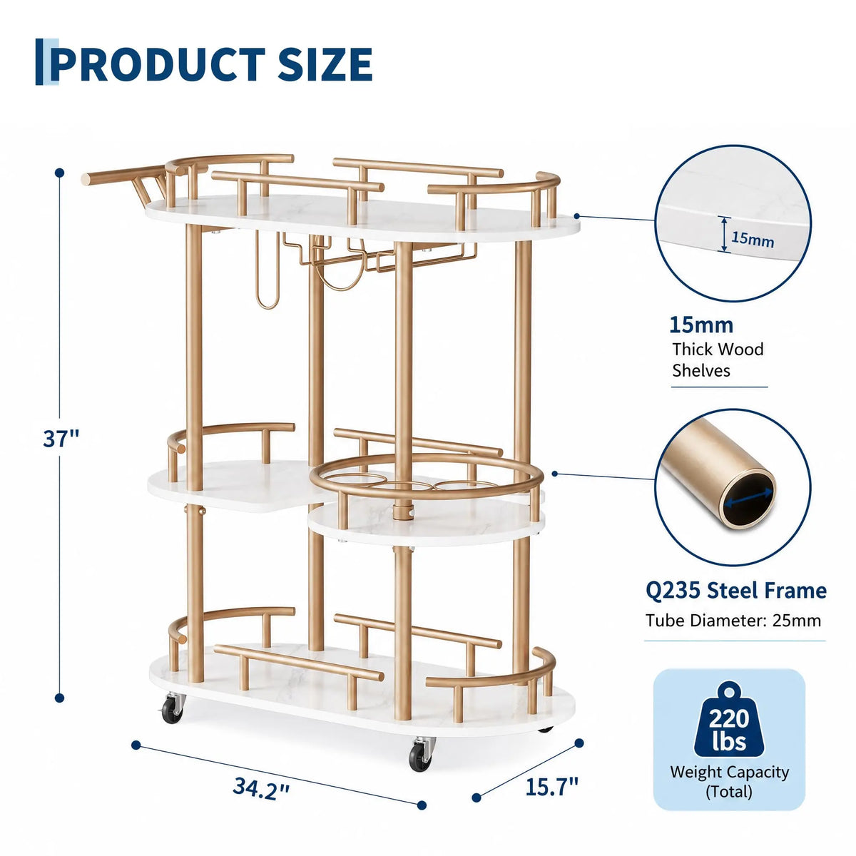 HiMISS 3 Tier Metal Rolling Bar Cart With Wine Rack Holder