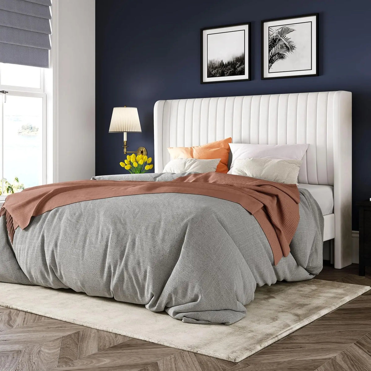 Novilla Upholstered Wingback Platform Bed Velvet Channel Tufted Headboard