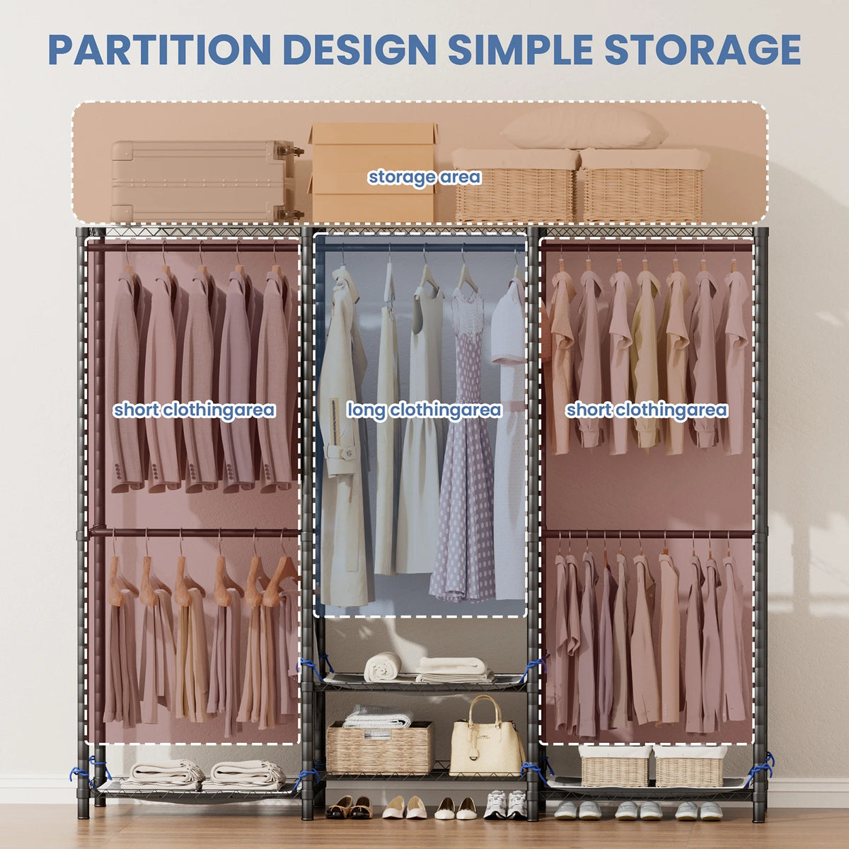 Freestanding Metal Clothes Rack And Portable Storage Organizer With Rod