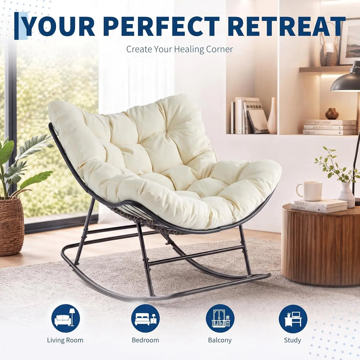 Tacieekii outdoor egg rocking chair with thick cushion metal frame