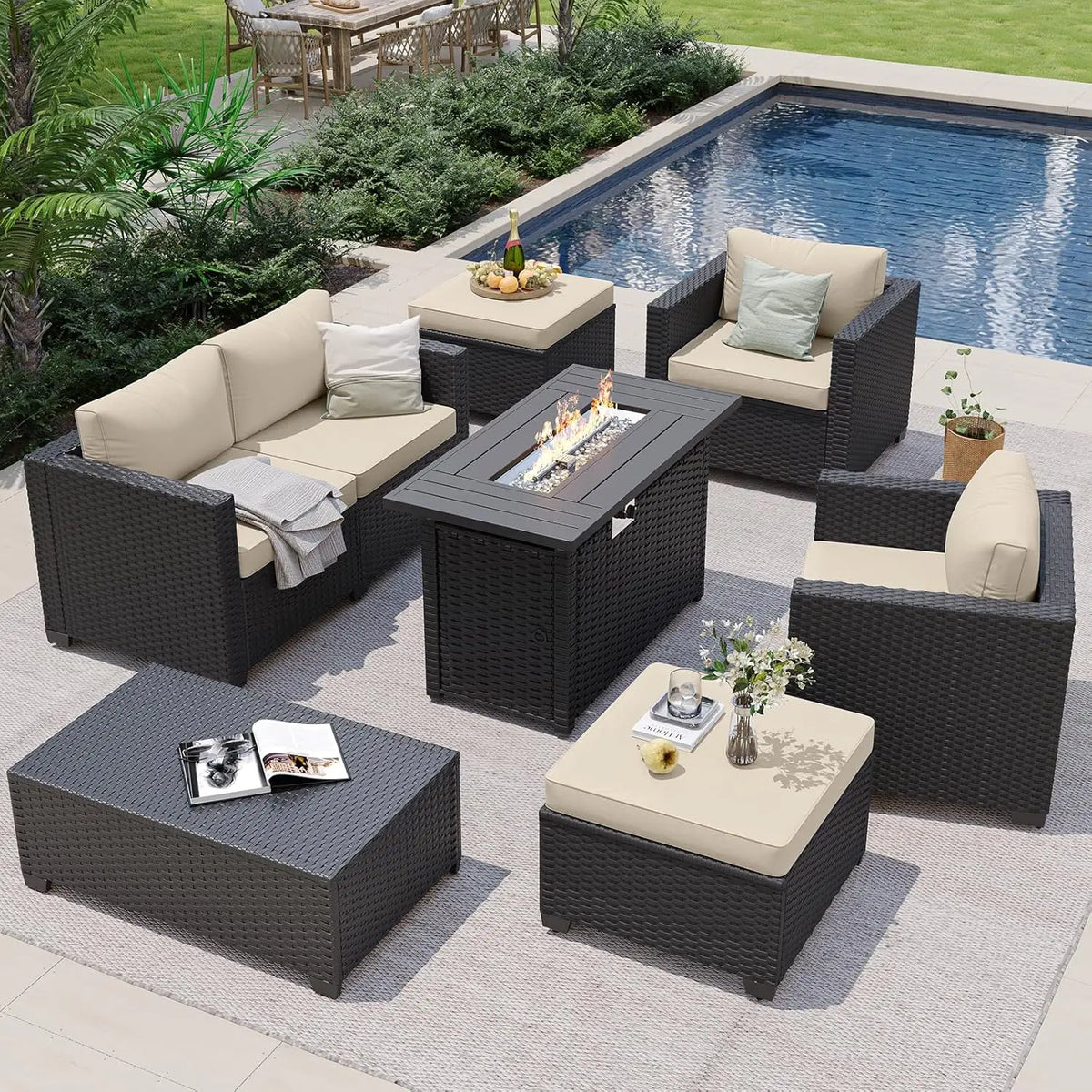 Rattan Patio Furniture Set With Fire Pit Table And Sectional Sofa