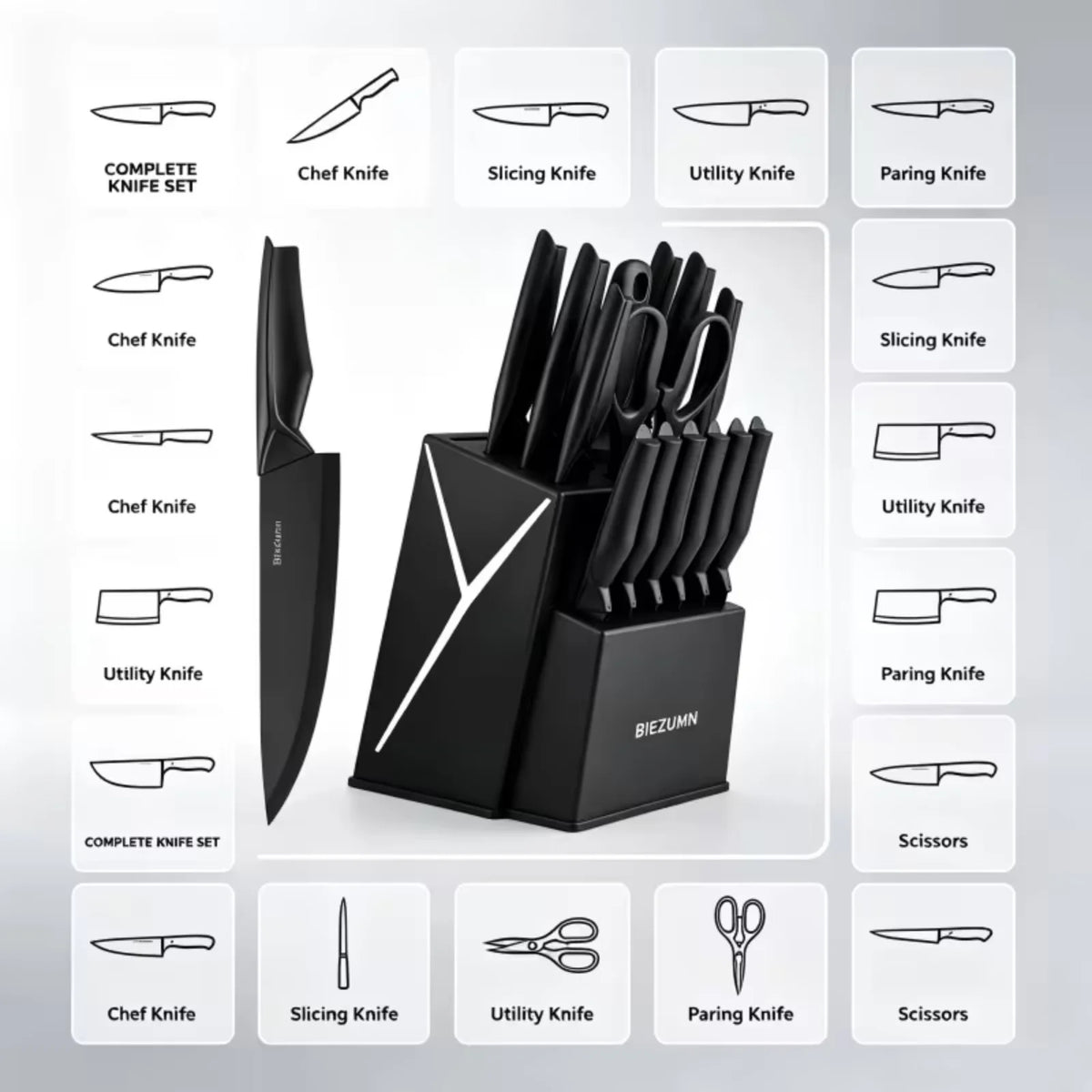 15 Piece Stainless Steel Kitchen Knife Set With Integrated Sharpener