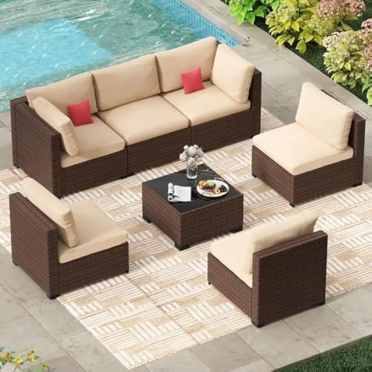 Modern Outdoor PE Rattan Sectional Set Glass Table Removable Cushions