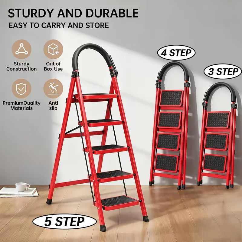 Premium Stainless Steel Foldable Step Ladder With Tool Holder