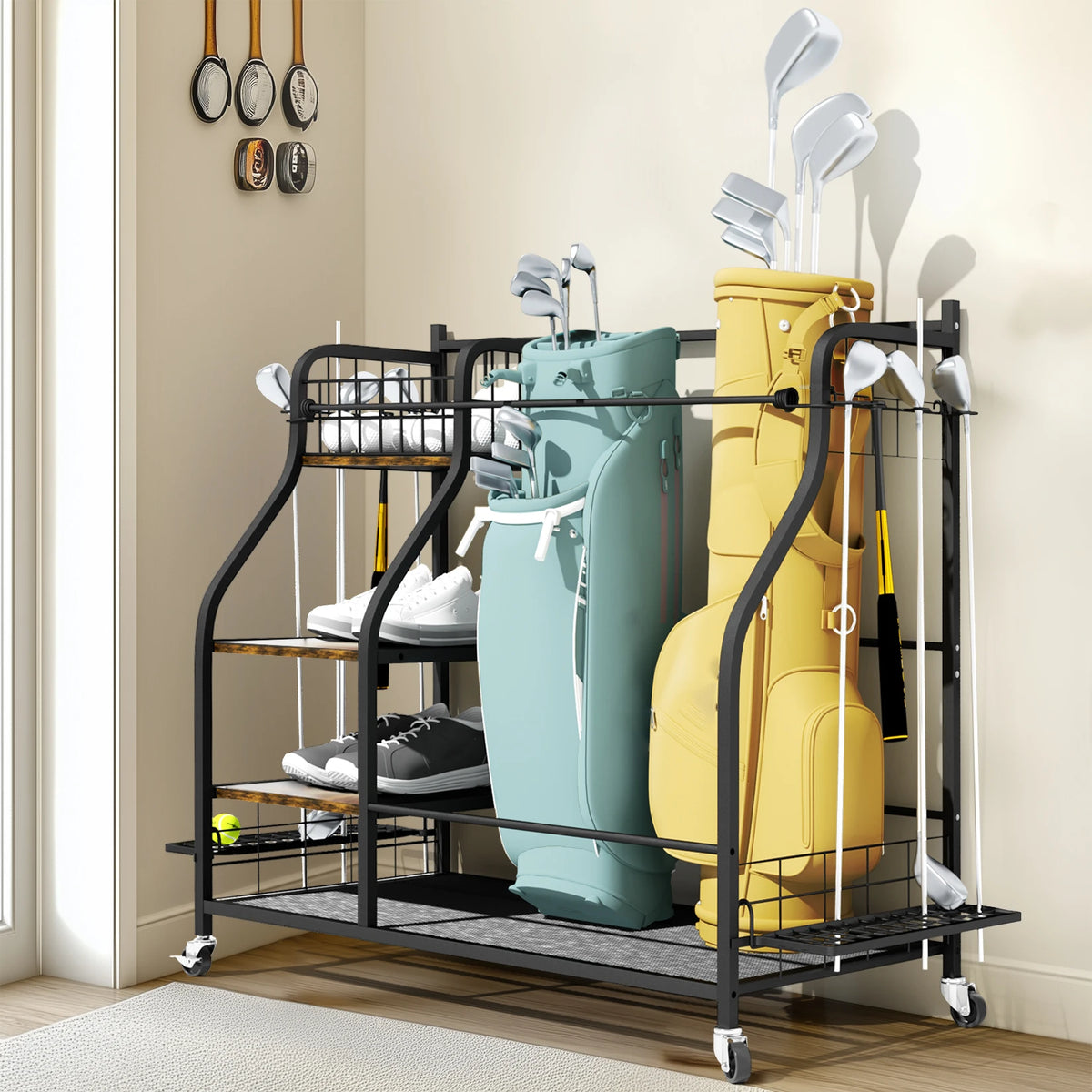 Multifunctional Rolling Metal Sports Equipment Storage Rack With Wheels