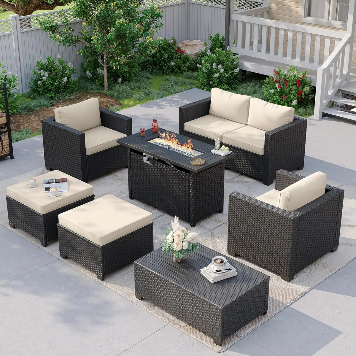 Rattan Patio Furniture Set With Fire Pit Table And Sectional Sofa