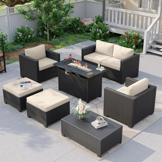 Rattan Patio Furniture Set With Fire Pit Table And Sectional Sofa