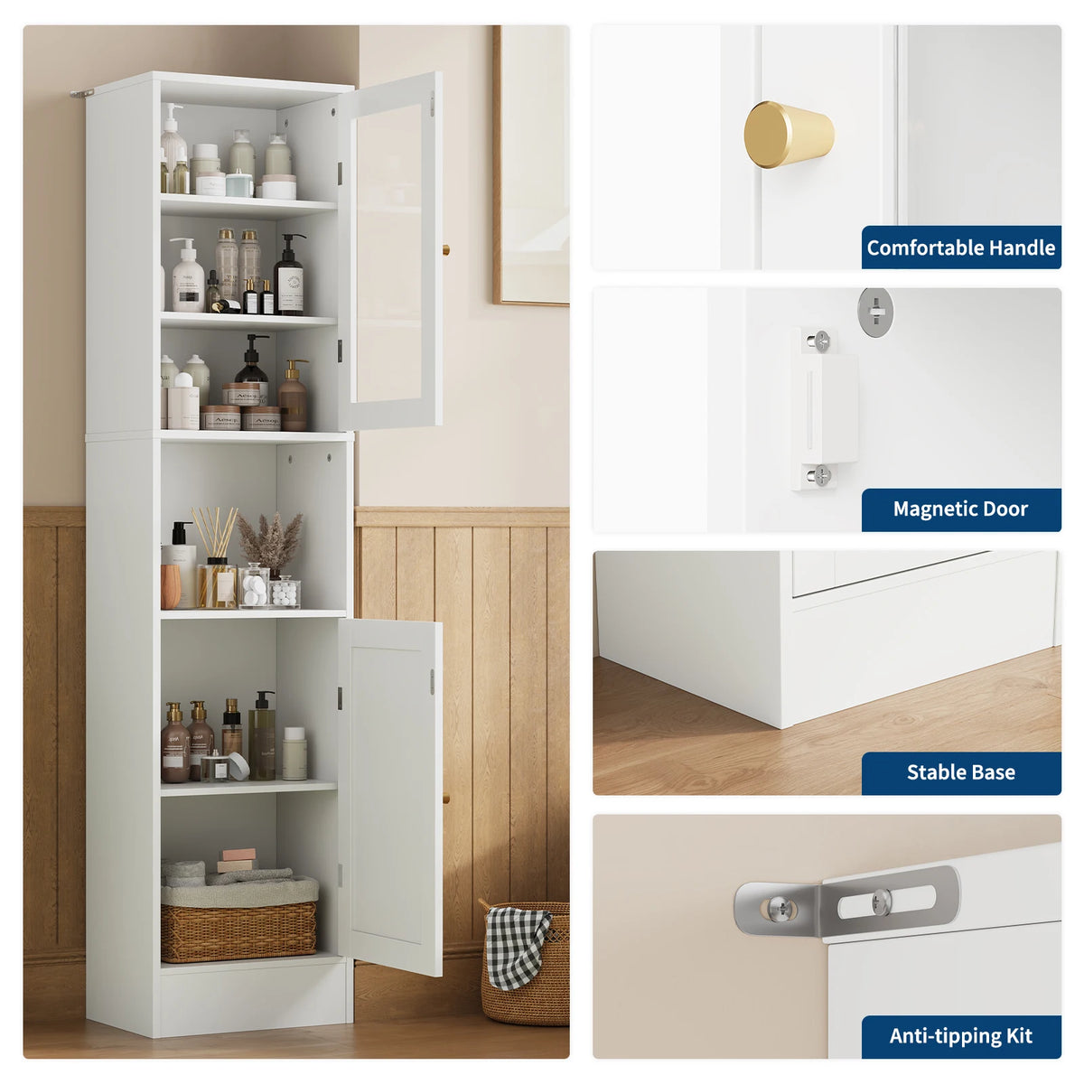 HOSSLLY Slim Bathroom Storage Cabinet With Glass Doors And Shelves