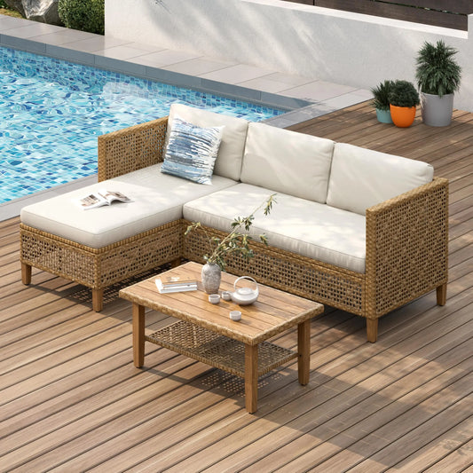 Outdoor Rattan Sectional Patio Sofa Set With Wood Frame