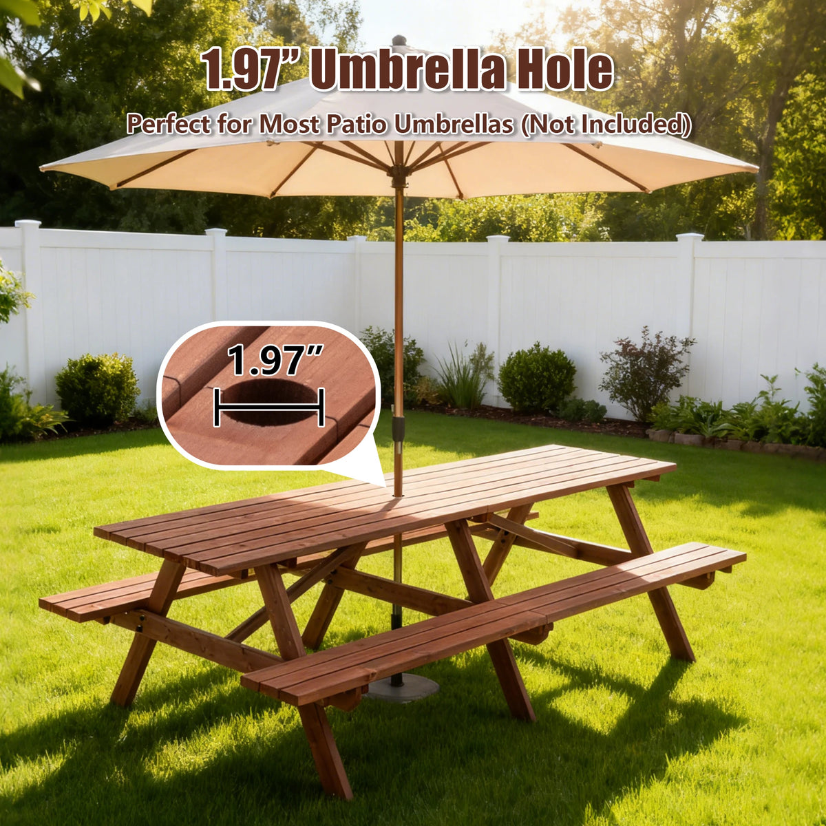 Premium Solid Hardwood Outdoor Picnic Table With Built In Benches
