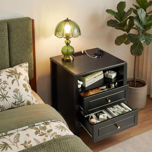 ANIXOL Wood Nightstand With Charging Station And Two Drawers