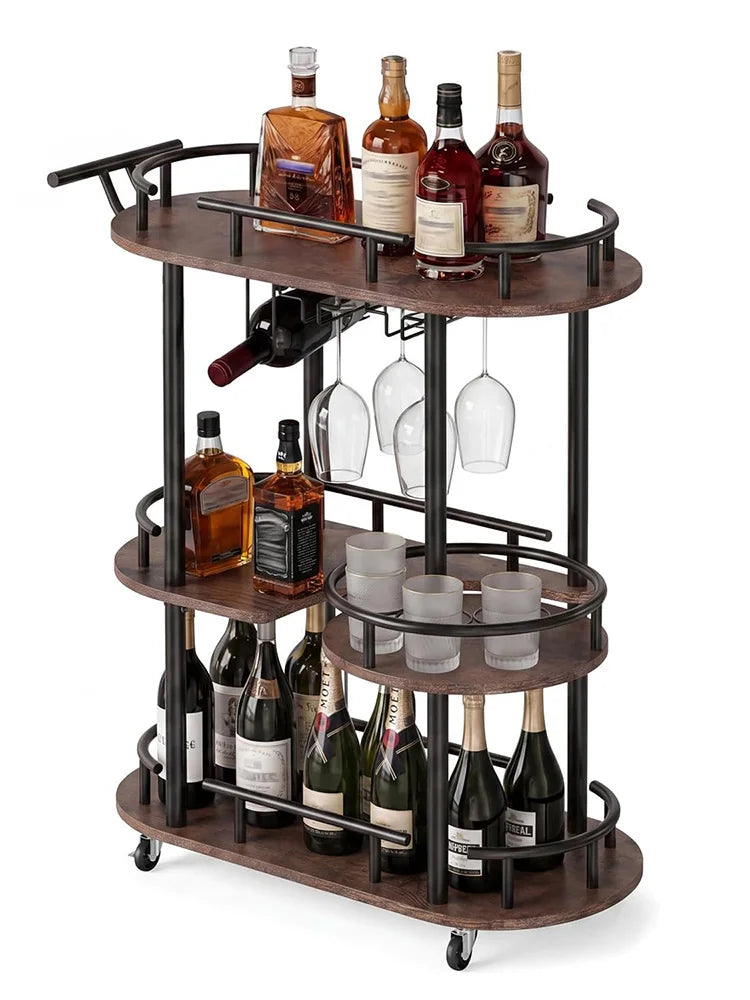 HiMISS 3 Tier Metal Rolling Bar Cart With Wine Rack Holder