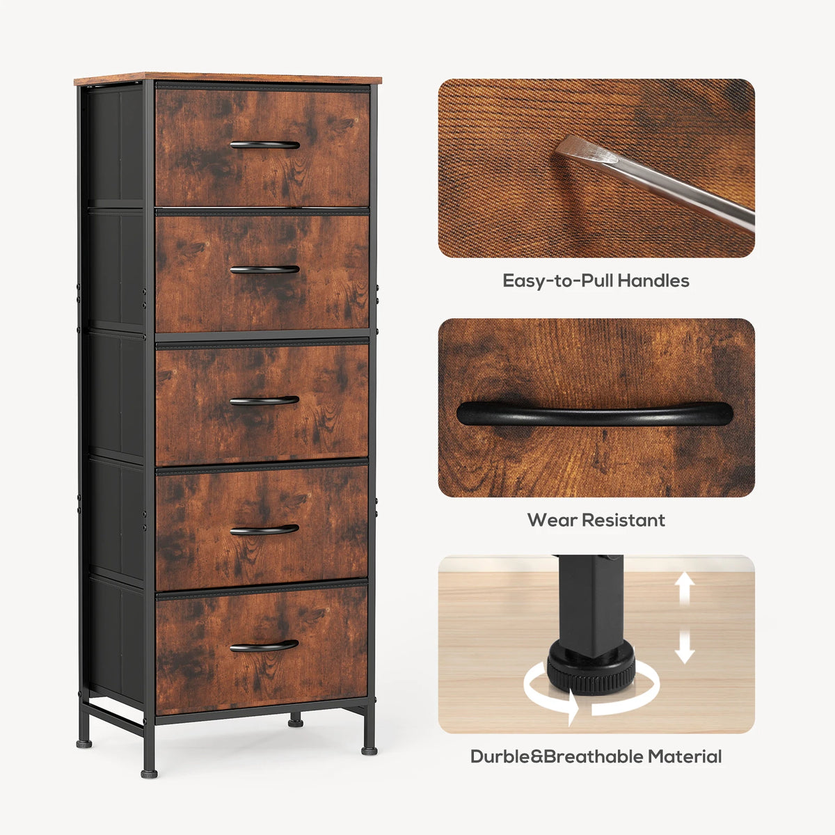 JHK Modern Five Drawer Fabric Storage Cabinet With Steel Frame