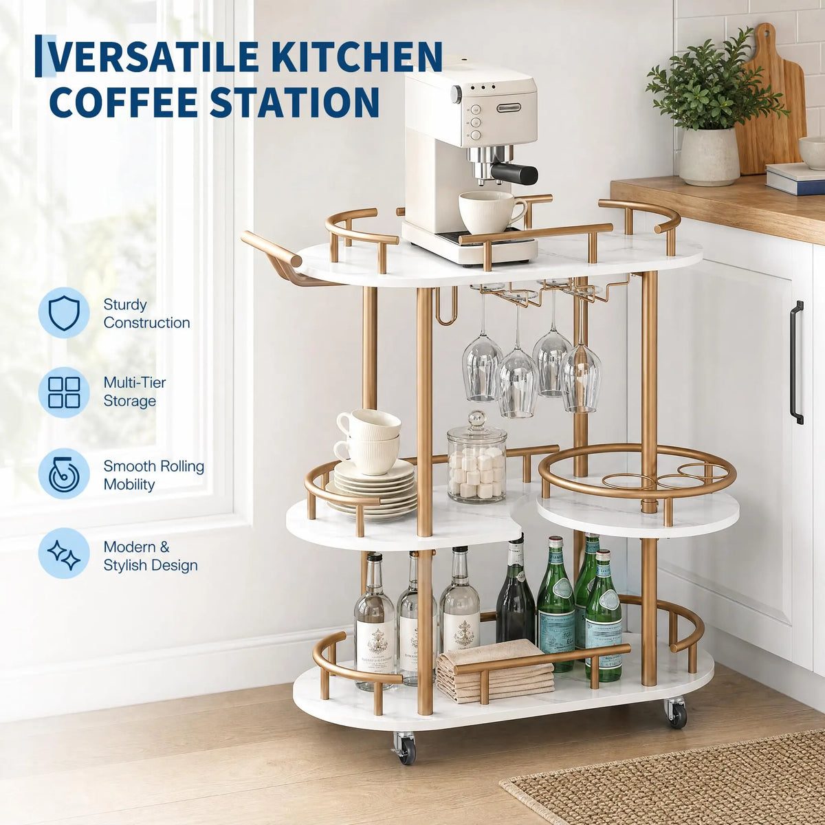 HiMISS 3 Tier Metal Rolling Bar Cart With Wine Rack Holder