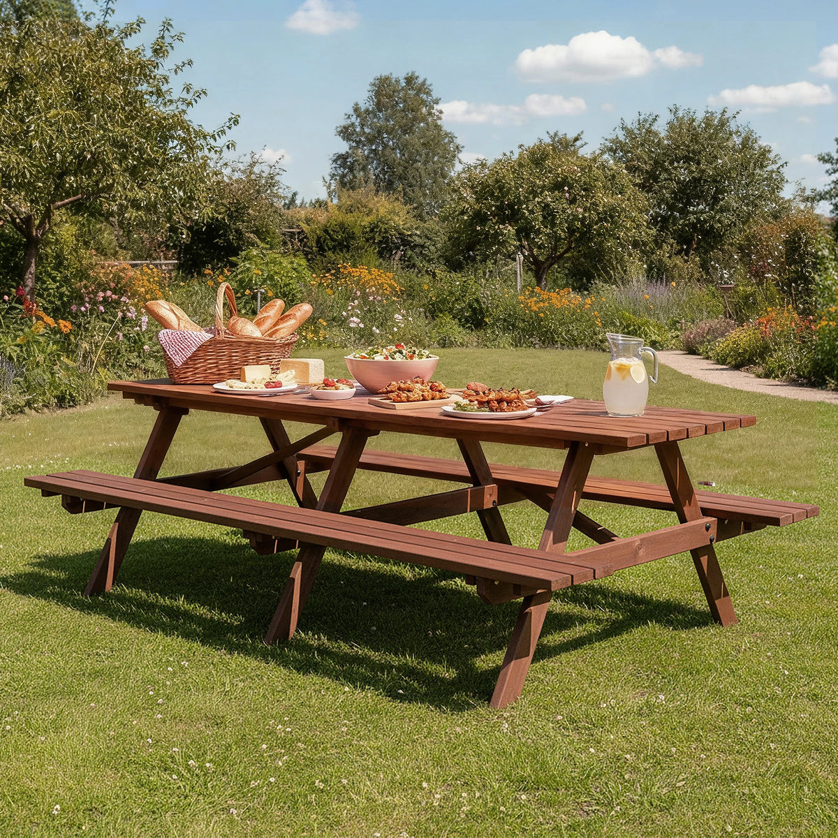 Premium Solid Hardwood Outdoor Picnic Table With Built In Benches