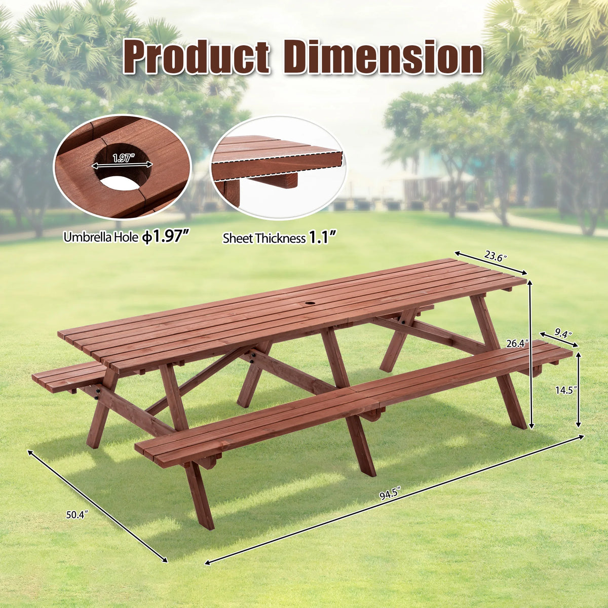 Premium Solid Hardwood Outdoor Picnic Table With Built In Benches