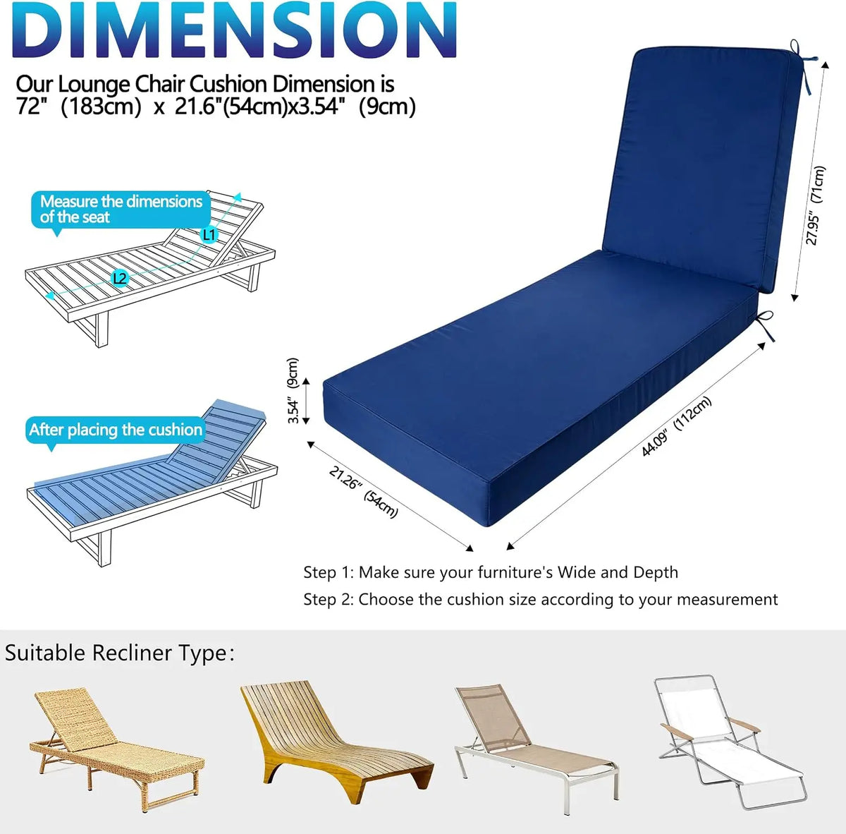 Shxi Waterproof Fade Resistant Outdoor Chaise Cushions