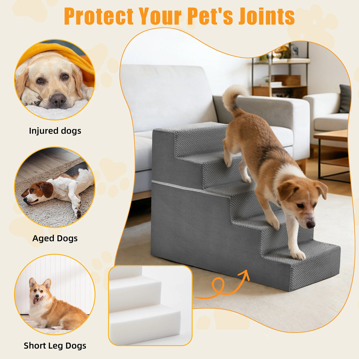 Foam Pet Dog Stairs With Curved Steps For Indoor Use