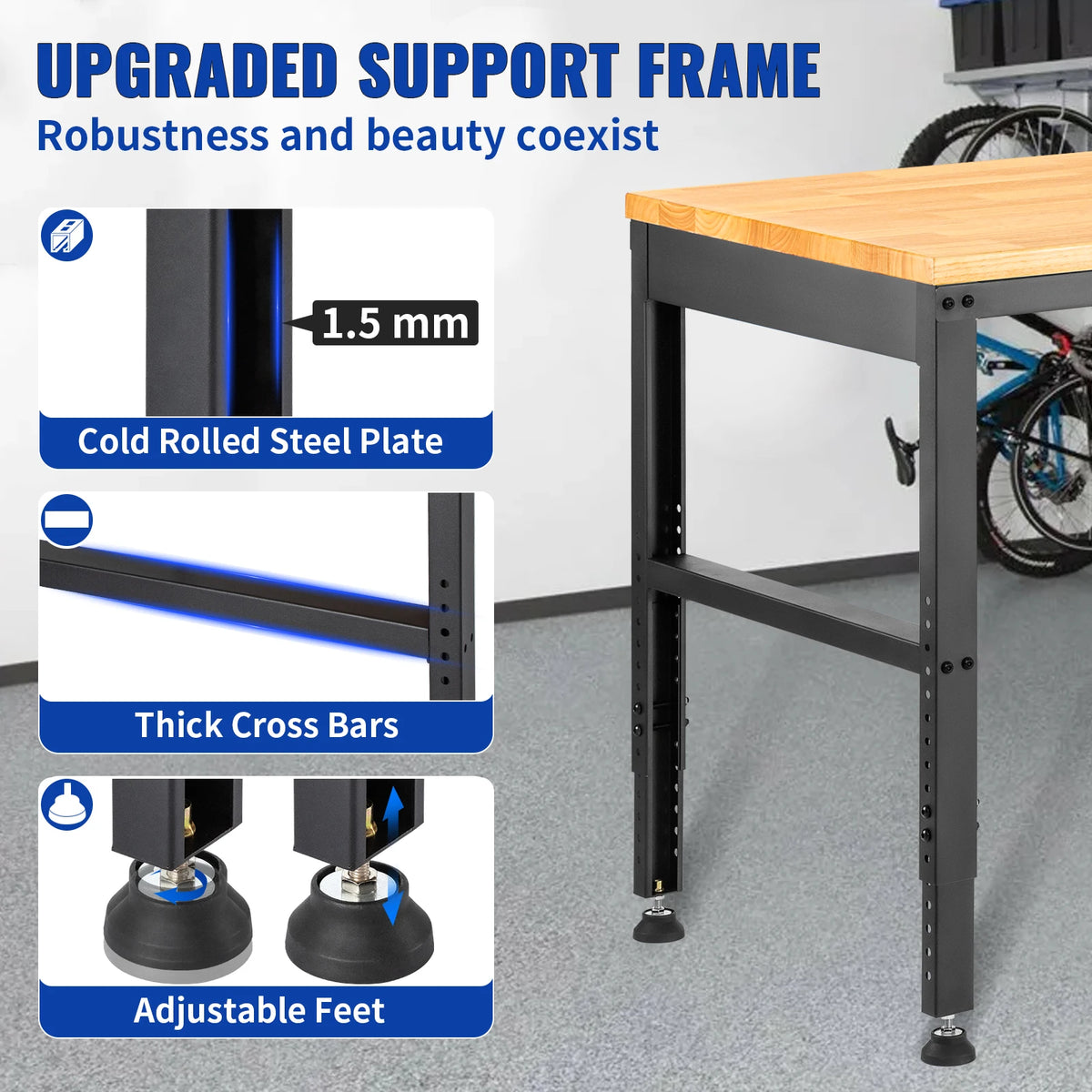 SucceBuy Adjustable Height Woodworking Workbench With Hardwood Top