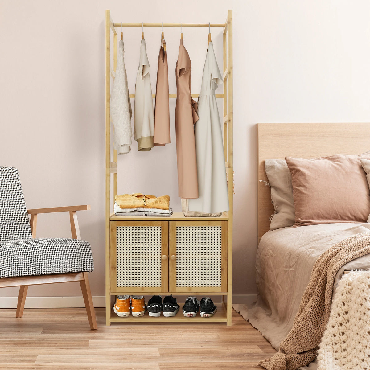 Free Standing Wooden Clothes Rack With Cabinet And Storage Shelves