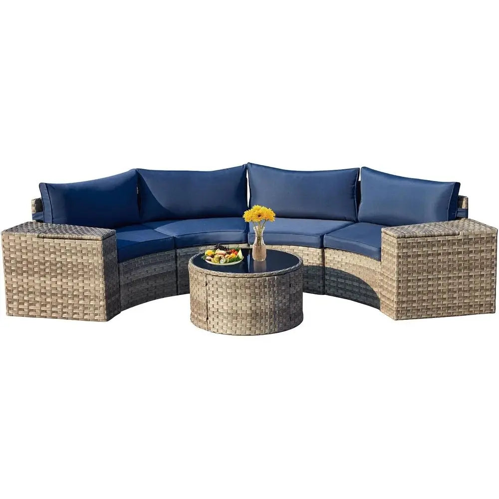 Outdoor Wicker Patio Sectional Set With Storage Armrest And Table