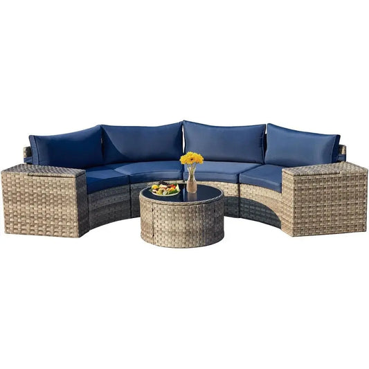 Outdoor Wicker Patio Sectional Set With Storage Armrest And Table
