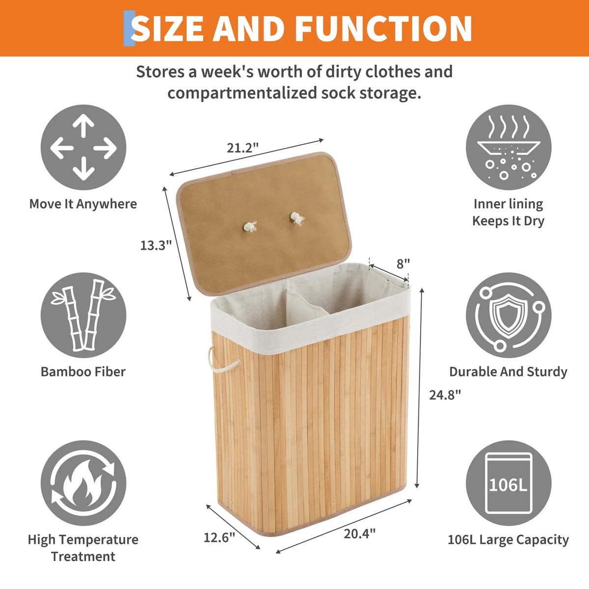 HiMISS Foldable Bamboo Laundry Hamper With Removable Liner