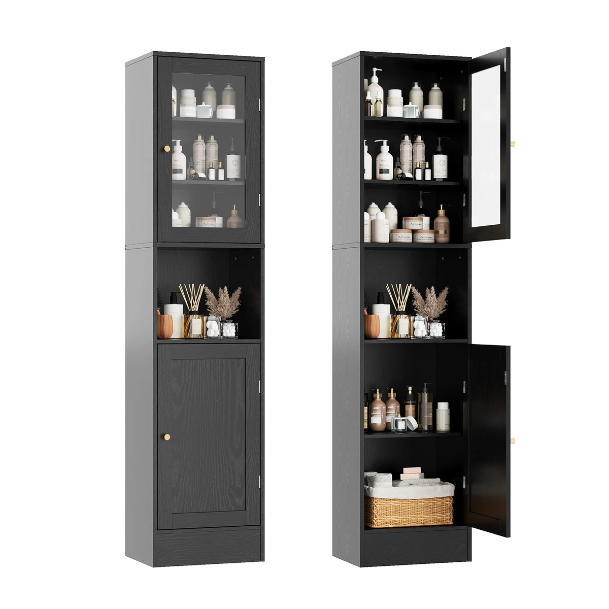 HOSSLLY Slim Bathroom Storage Cabinet With Glass Doors And Shelves