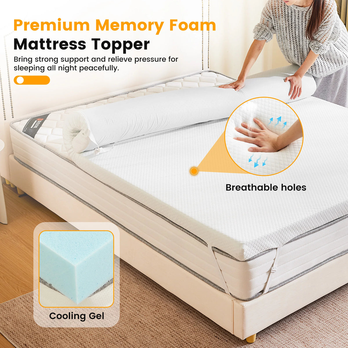 MCQ Cooling Memory Foam Mattress Topper Removable Cover