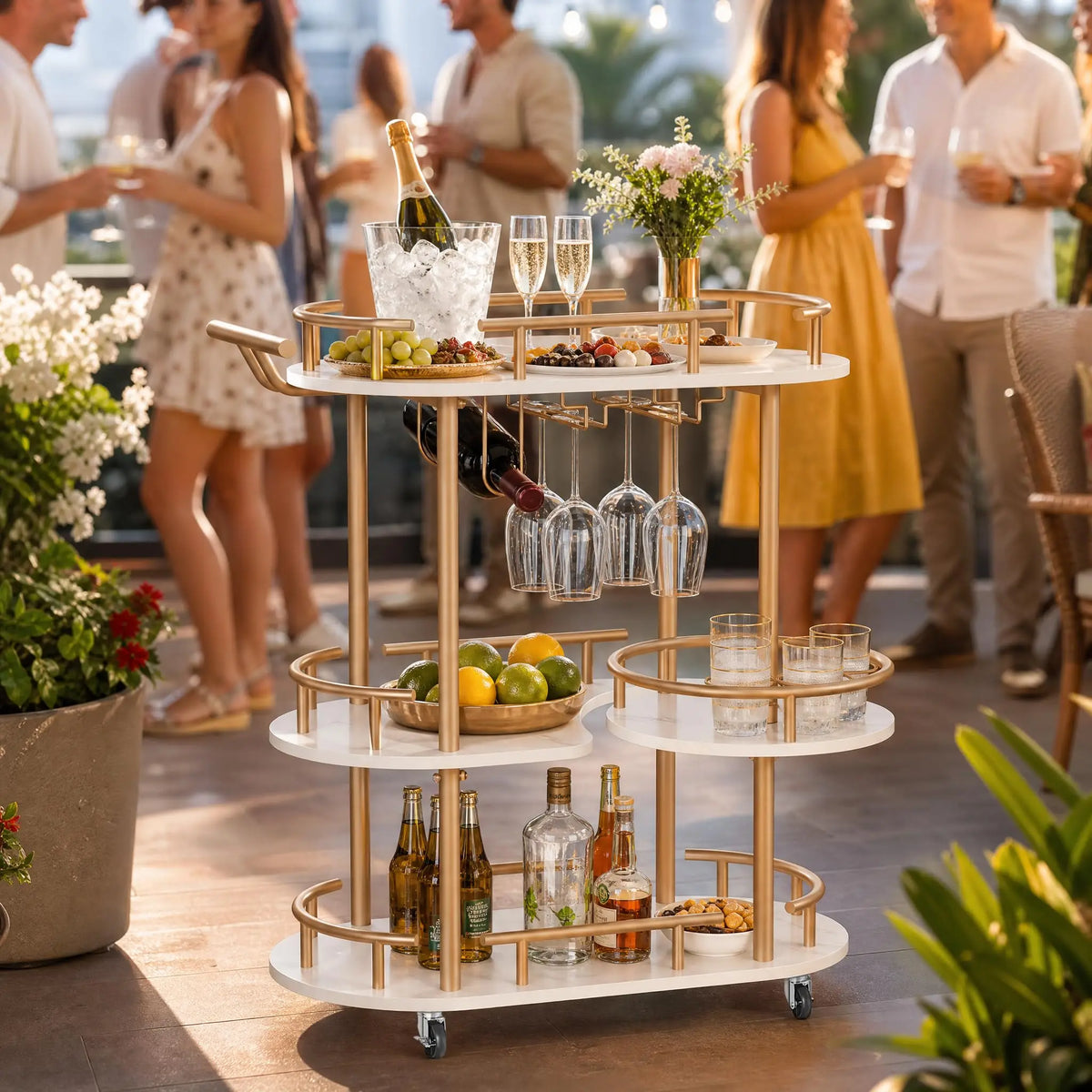 HiMISS 3 Tier Metal Rolling Bar Cart With Wine Rack Holder