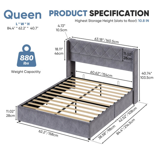 JHK Modern Hydraulic Storage Bed Frame With Wingback Headboard