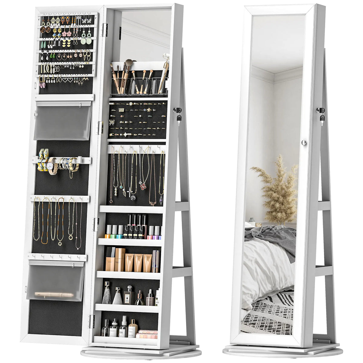 Homcom Lockable Swivel Jewelry Cabinet With Mirror And Shelves