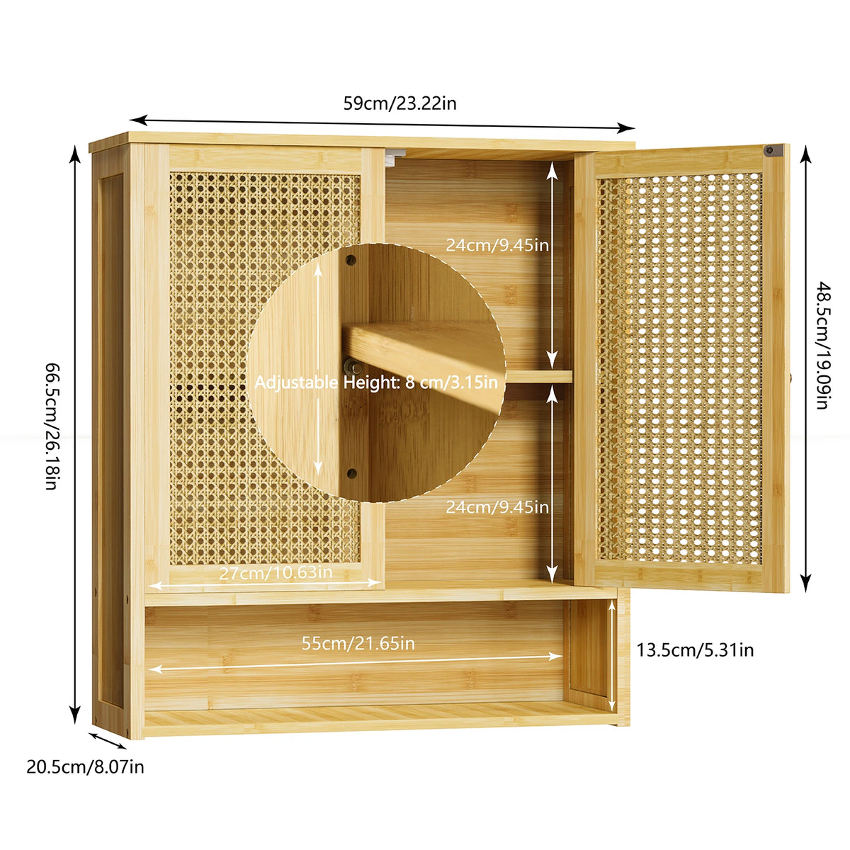 Bamboo Wall Cabinet With Triple Shelves And Double Doors