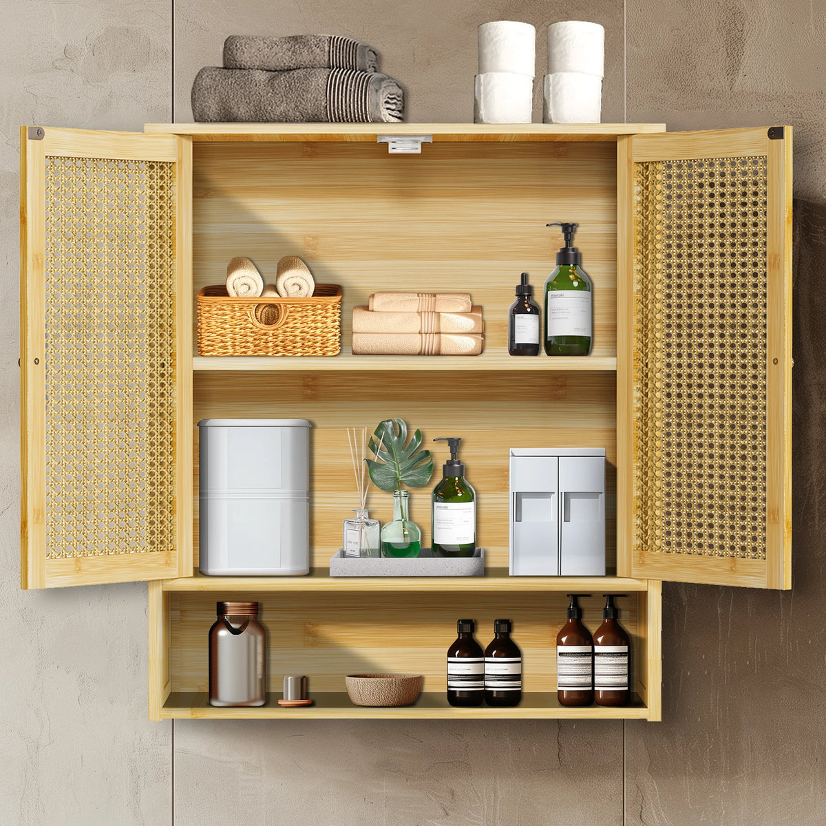 Bamboo Wall Cabinet With Triple Shelves And Double Doors