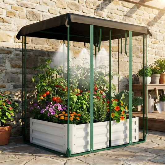 HiMISS 3In1 Galvanized Metal Raised Garden Bed Drip Irrigation Net