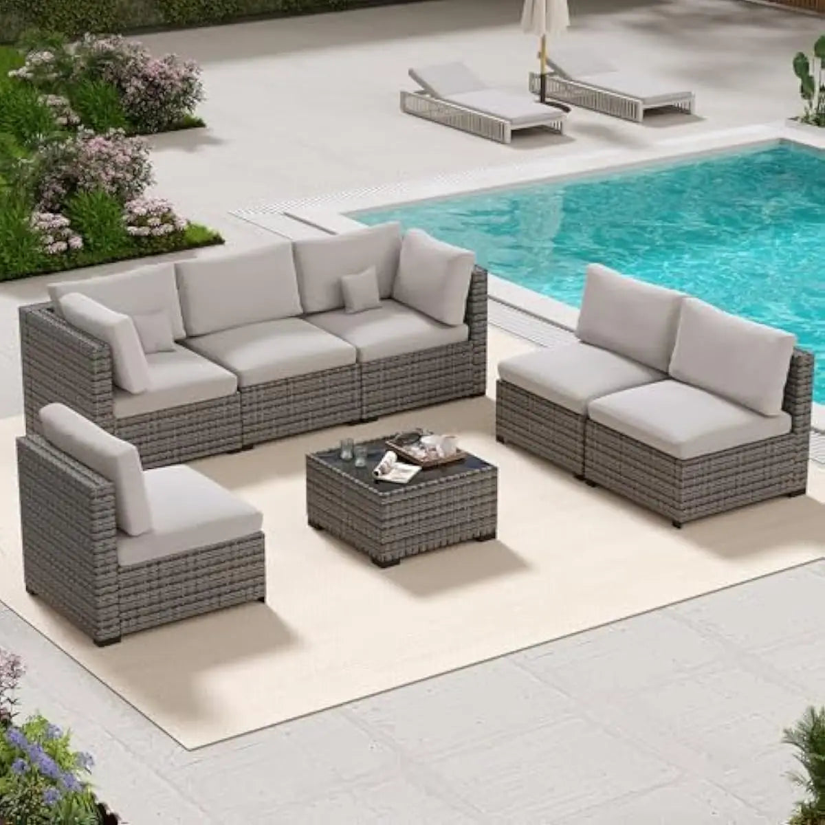 Modern Outdoor PE Rattan Sectional Set Glass Table Removable Cushions